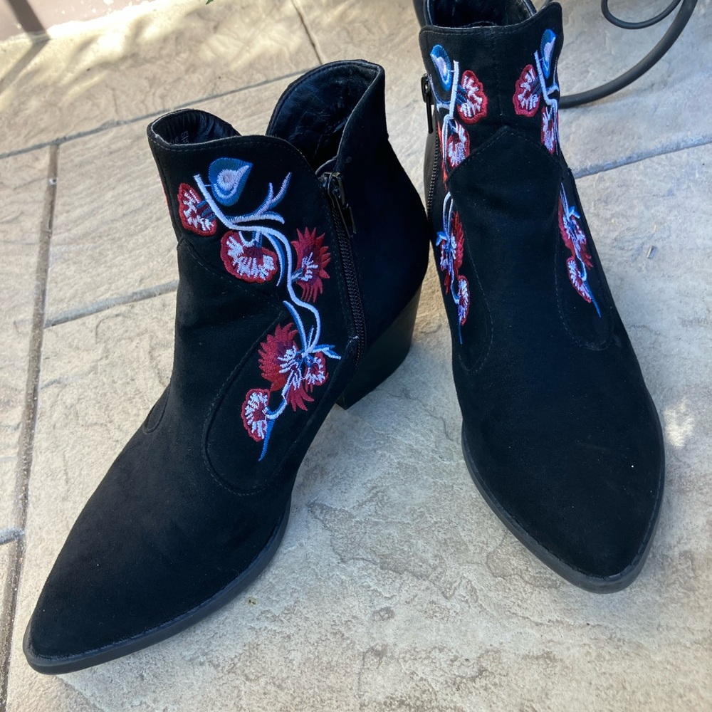 Embroidered Black Ankle Boots